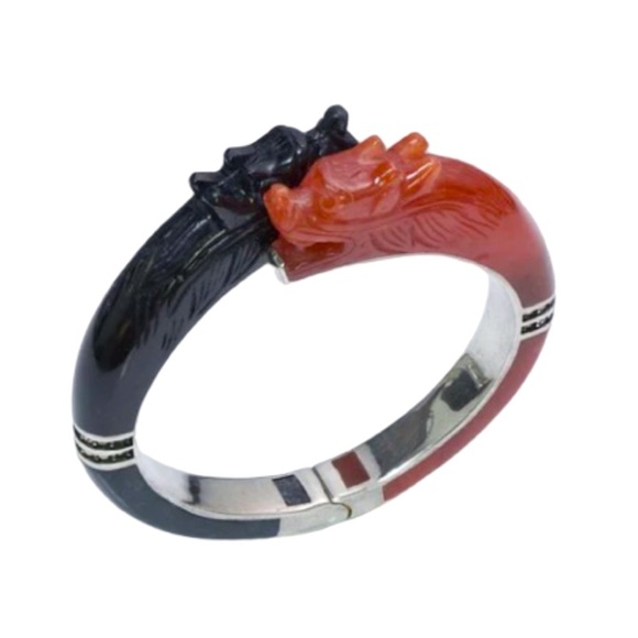 Chinese Dragon Carnelian Onyx Silver Bangle - Picture 3 of 15